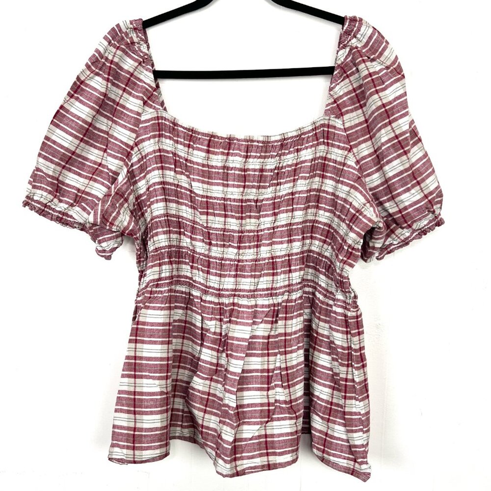 Lane Bryant Pink Red Tan Plaid Smocked Bust Short Sleeve Top 24 3X